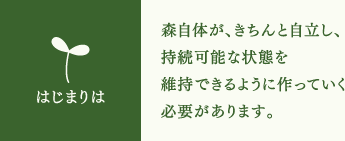 はじまりは 森自体が、きちんと自立し、持続可能な状態を維持できるように作っていく必要があります。